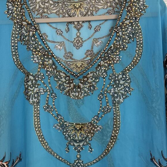 Kaftan Kimono Dress Sz XL Blue Sequins Summer Beach Wear CoverUp Vacation Cruise - Picture 3 of 13